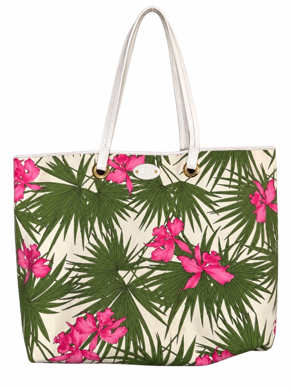Vintage Celine Tropical Hibiscus Palm Floral Canvas & leather Large Tote w/ COA